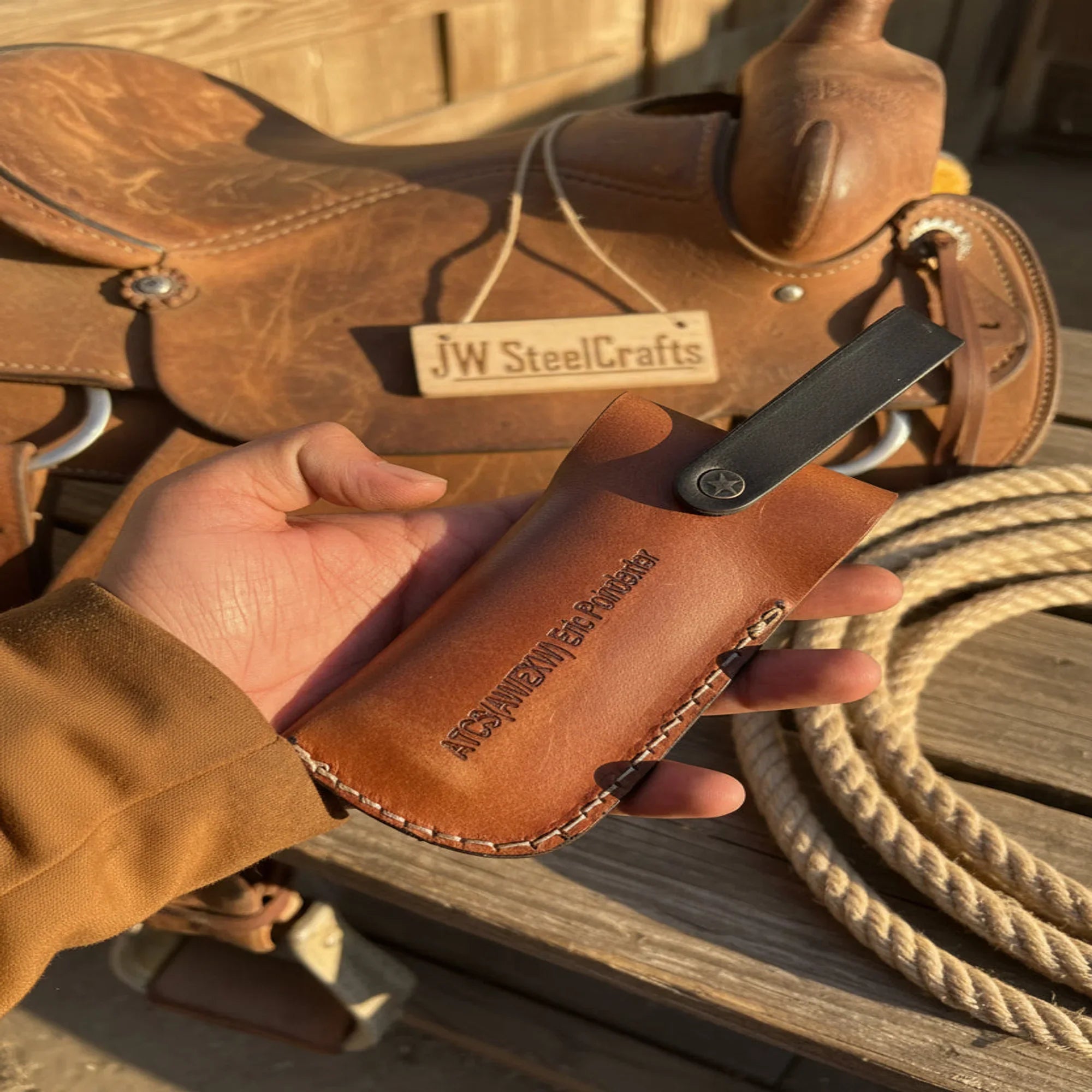 Patriot Damascus Folding Knife with Leather Sheath