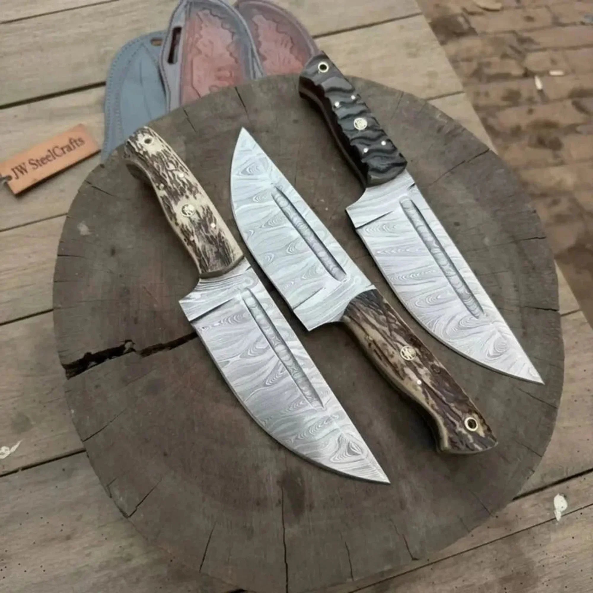 Premium Handmade Hunting Knife Set (3-Piece) Damascus Steel Fixed Blade Leather Sheaths
