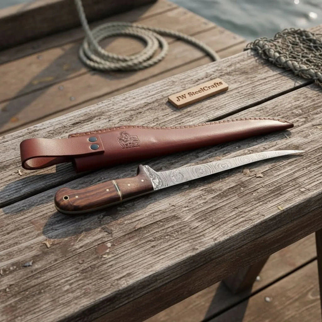Handmade JW SteelCrafts fillet knife with a wooden handle and stainless steel blade, designed for precise fish filleting.