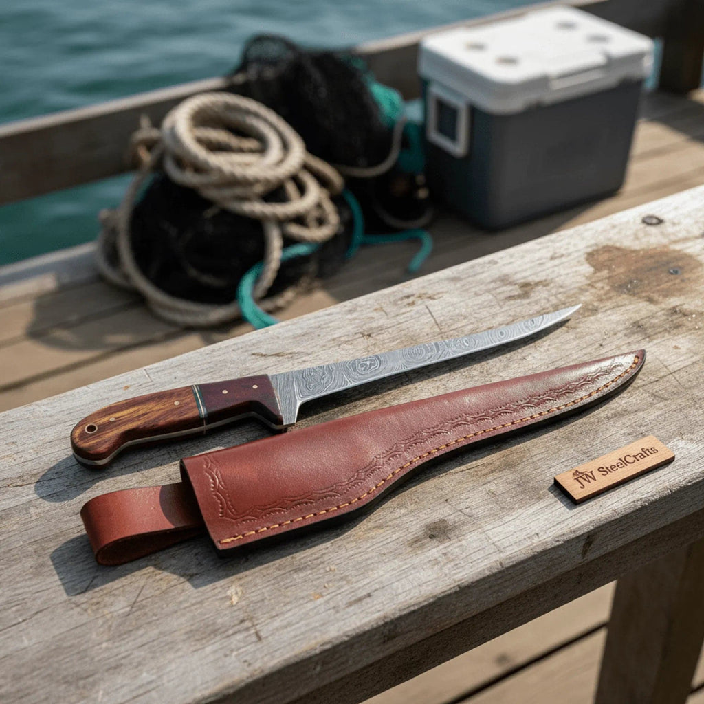 Handmade JW SteelCrafts fillet knife with a stainless steel blade and ergonomic handle, designed for precise fish filleting.