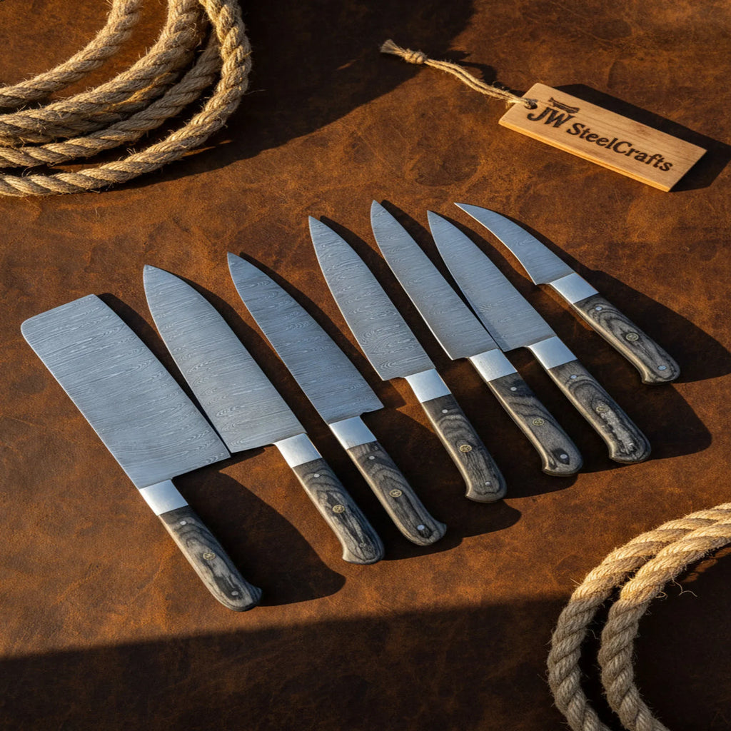 7-Piece Hammer Forged Damascus Chef Knife Set with Black Pakka Wood Handles