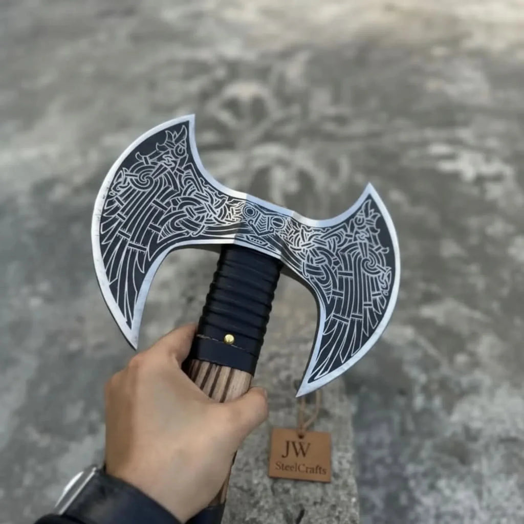 Hand Engraved Double Headed Viking Axe with Nordic Knotwork and Leather Wrapped Handle