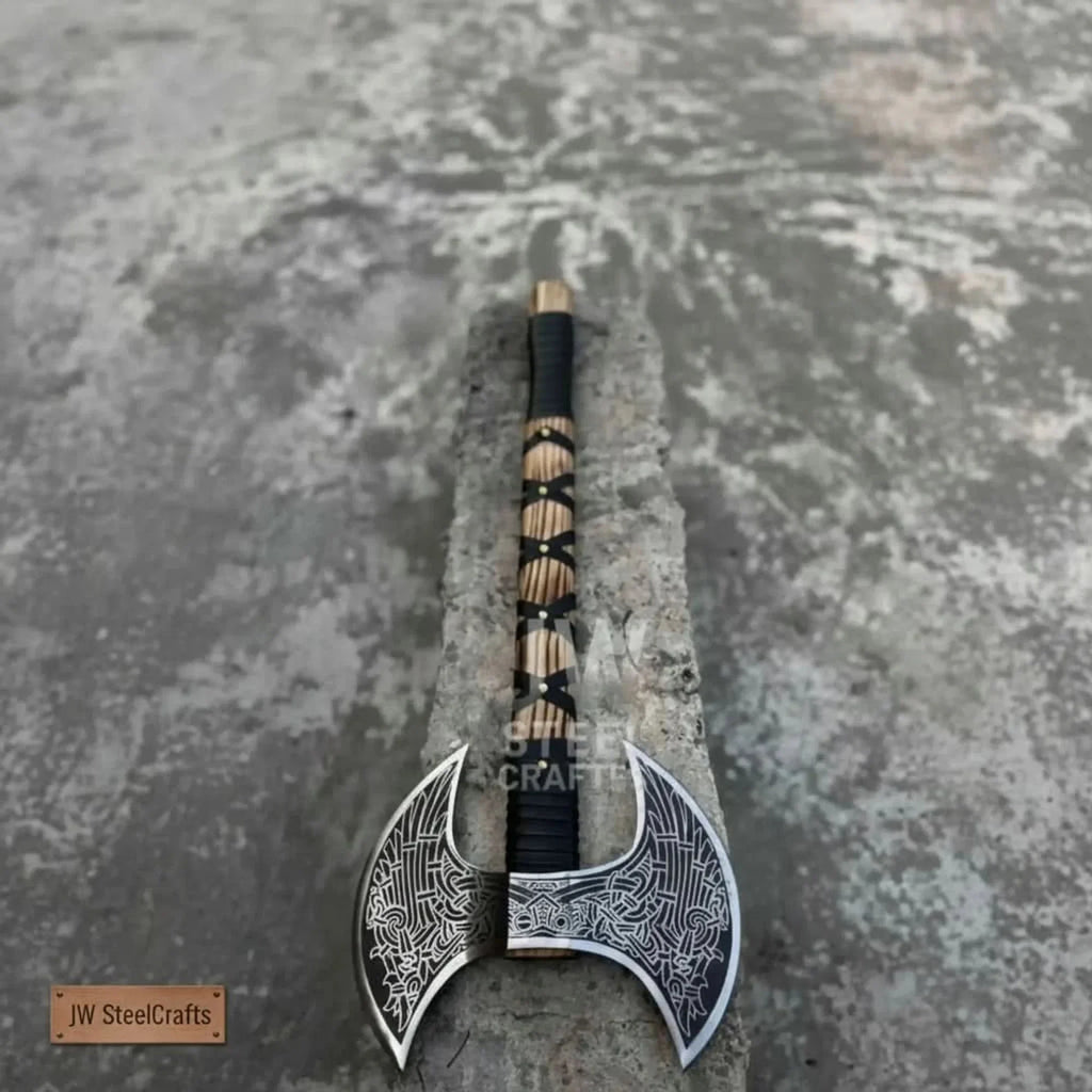 Hand Engraved Double Headed Viking Axe with Nordic Knotwork and Leather Wrapped Handle