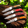 Hand-Filed Damascus Lockback Folder Set with Pakka Wood Handle
