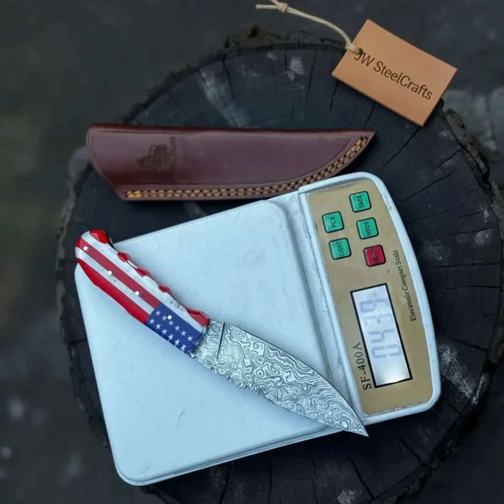 Damascus Steel USA Flag Handle Knife 5-Inch Raindrop, & Leather Sheath