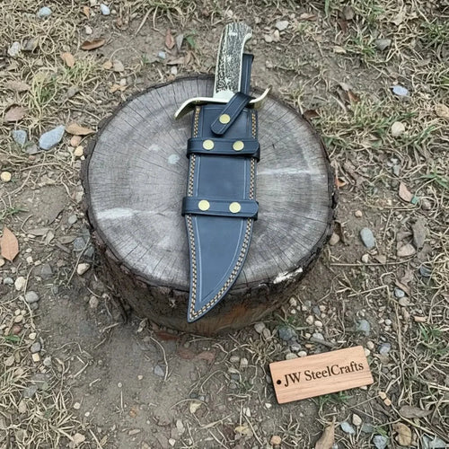 16-Inch Damascus Bowie Knife 11-Inch Blade, Stag Handle, Brass S-Guard & Leather Belt Sheath