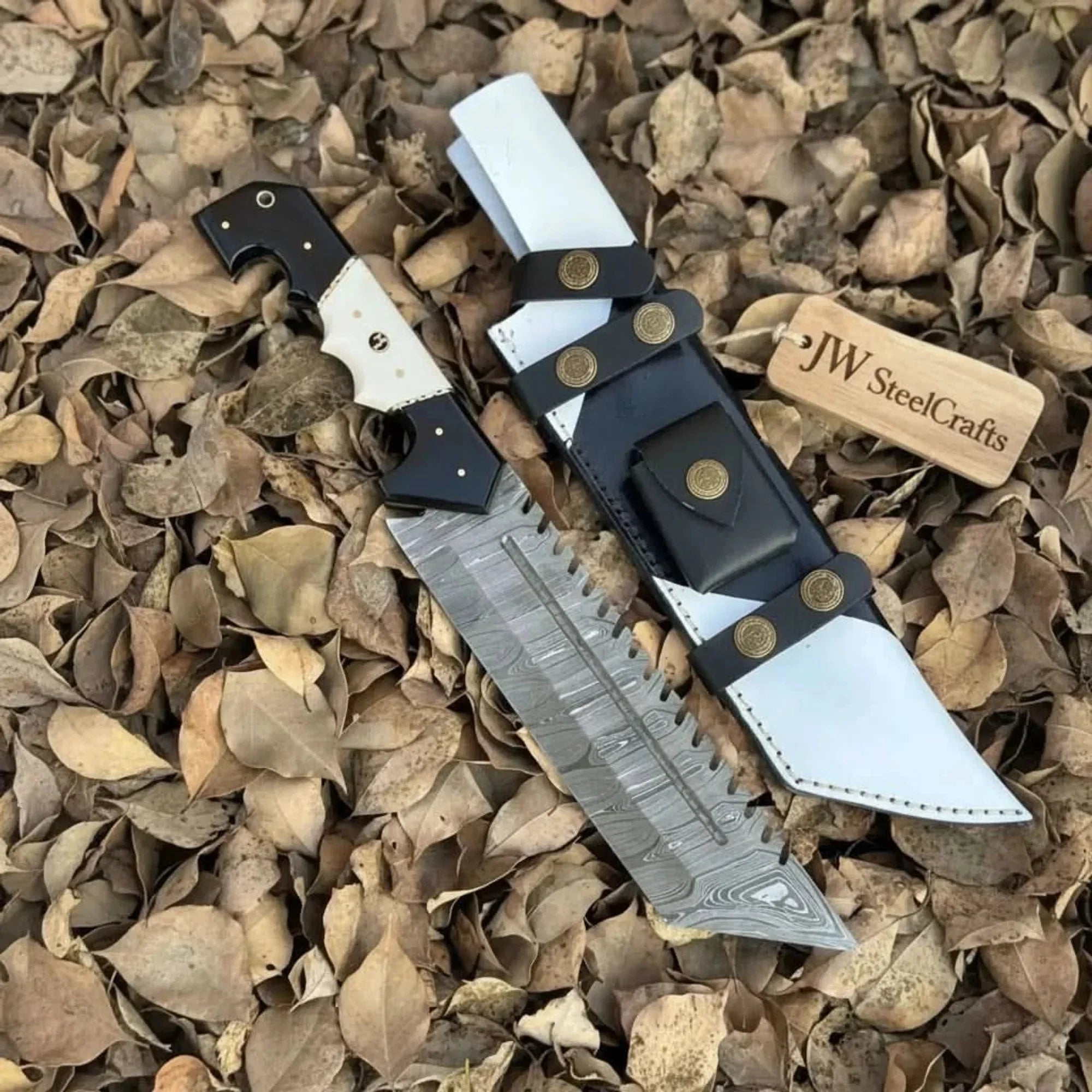 Damascus Steel Buckstrap Tracker Knife with Dual-Tone Bone & Black Handle Handmade Leather Sheath