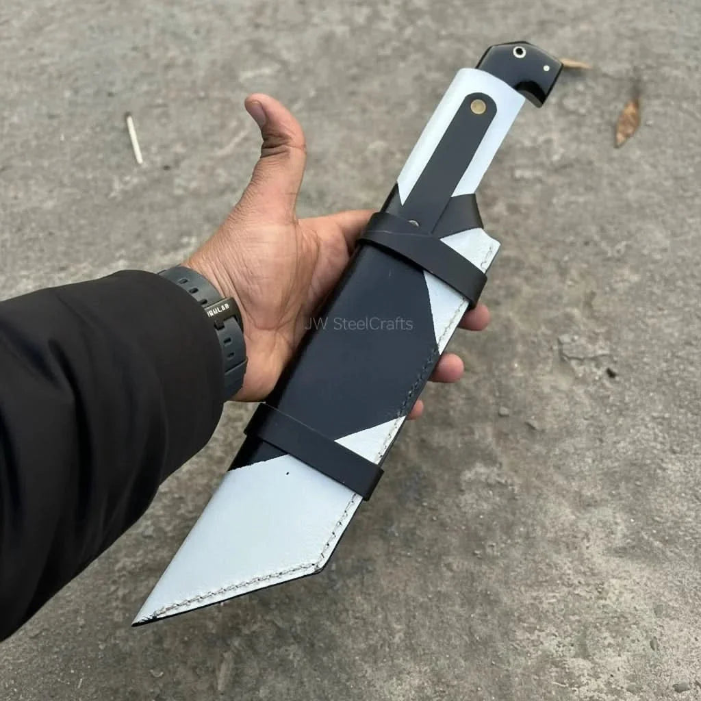 Damascus Steel Buckstrap Tracker Knife with Dual-Tone Bone & Black Handle Handmade Leather Sheath