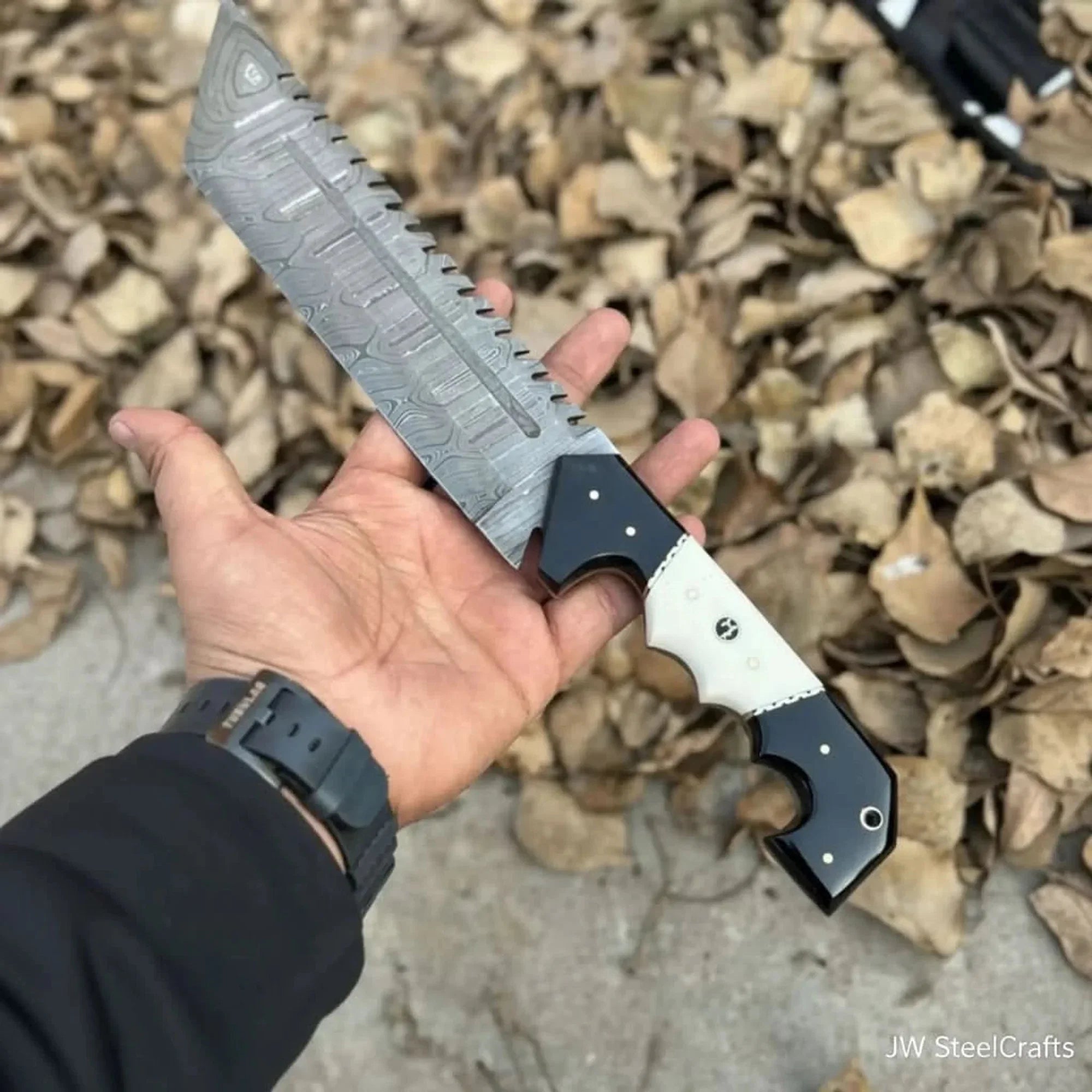 Damascus Steel Buckstrap Tracker Knife with Dual-Tone Bone & Black Handle Handmade Leather Sheath