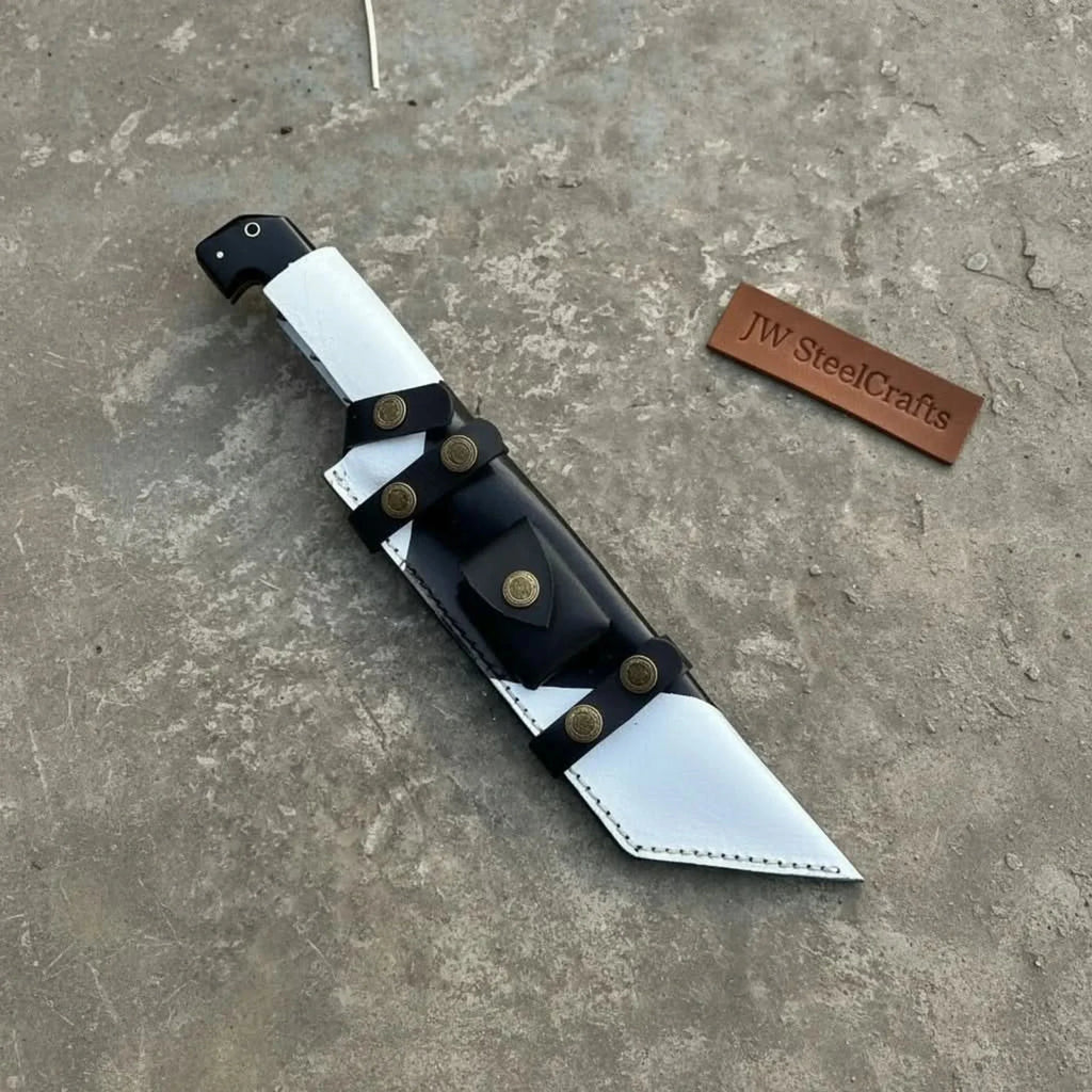 Damascus Steel Buckstrap Tracker Knife with Dual-Tone Bone & Black Handle Handmade Leather Sheath