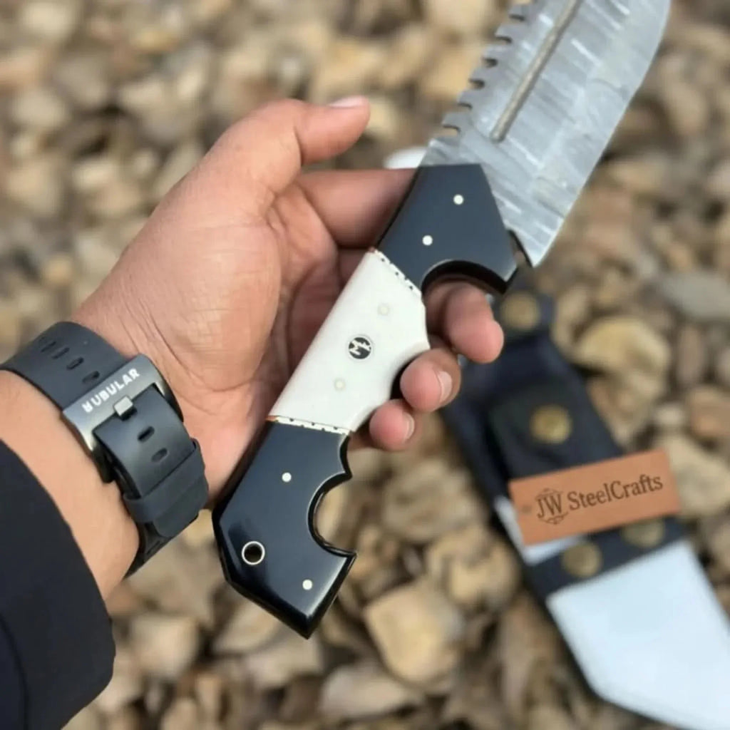Damascus Steel Buckstrap Tracker Knife with Dual-Tone Bone & Black Handle Handmade Leather Sheath