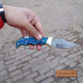 Handmade Damascus pocket knife with colored Pakka wood handle, back lock folding EDC knife by JW SteelCrafts.