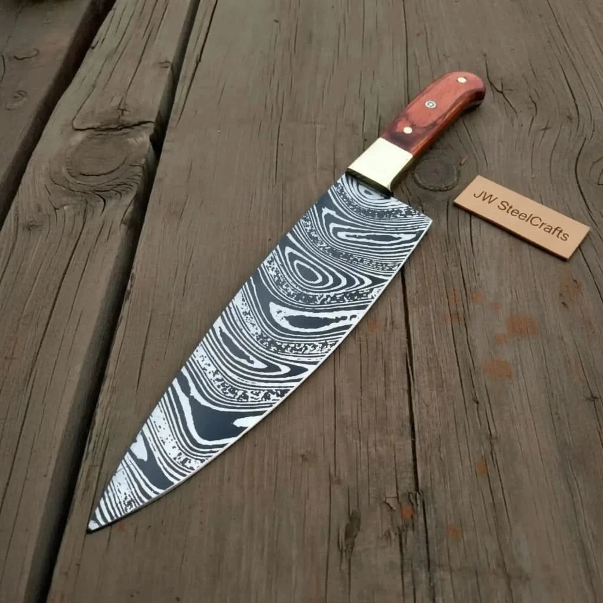 8” Carbon Steel Gyuto Chef Knife – Twisted Acid-Etched Blade with Red Pakka Wood Handle