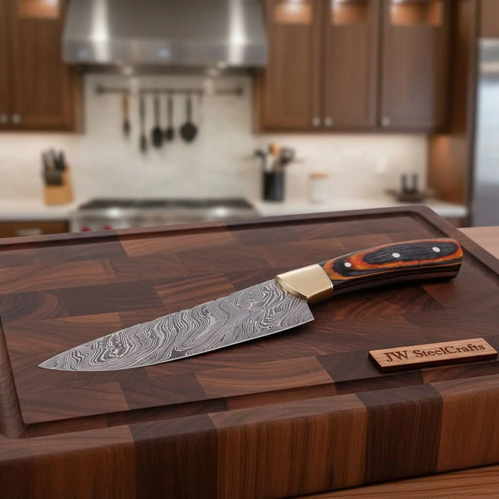 CUSTOM HAND FORGED DAMASCUS STEEL CHEF KNIFE WOOD AND BRASS HAndle
