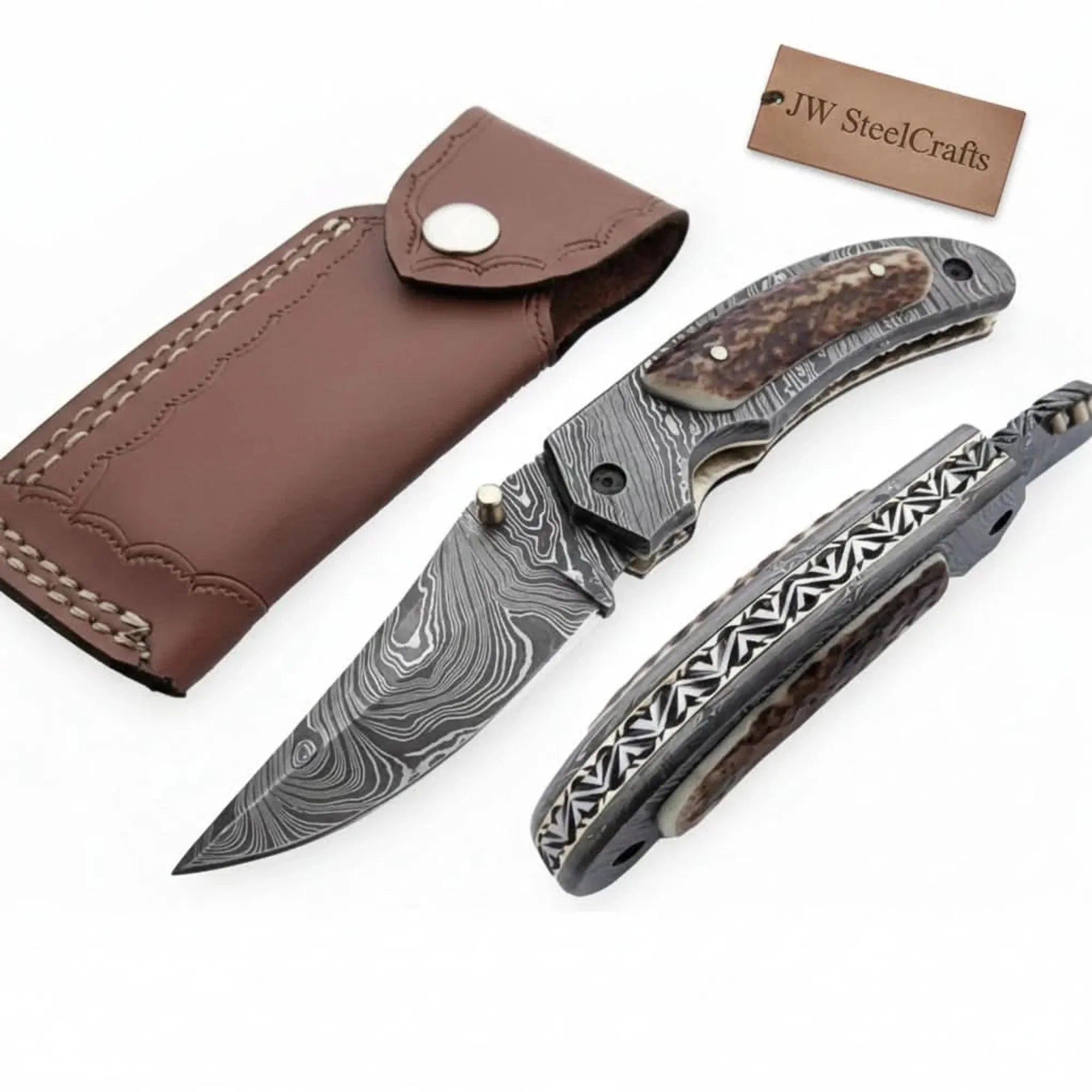Damascus Antler Ridge Pocket Knife with Stag Horn Handle