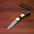 Handmade Damascus Folding Pocket Knife Engraved & Plain Handle Variants | Leather Sheath Included
