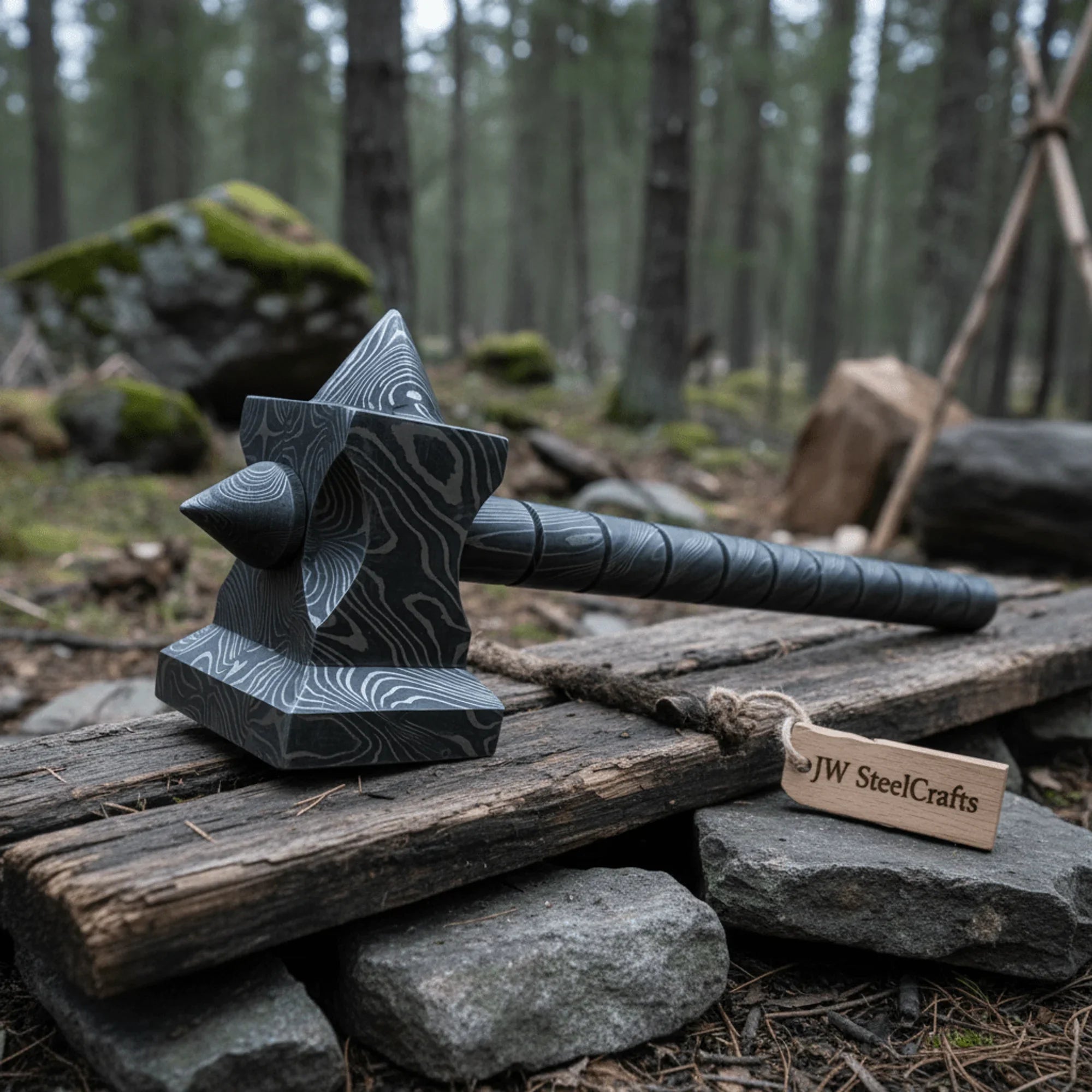 Sculpted Damascus Steel War Hammer 12" Handmade Full Damascus Collectible Piece