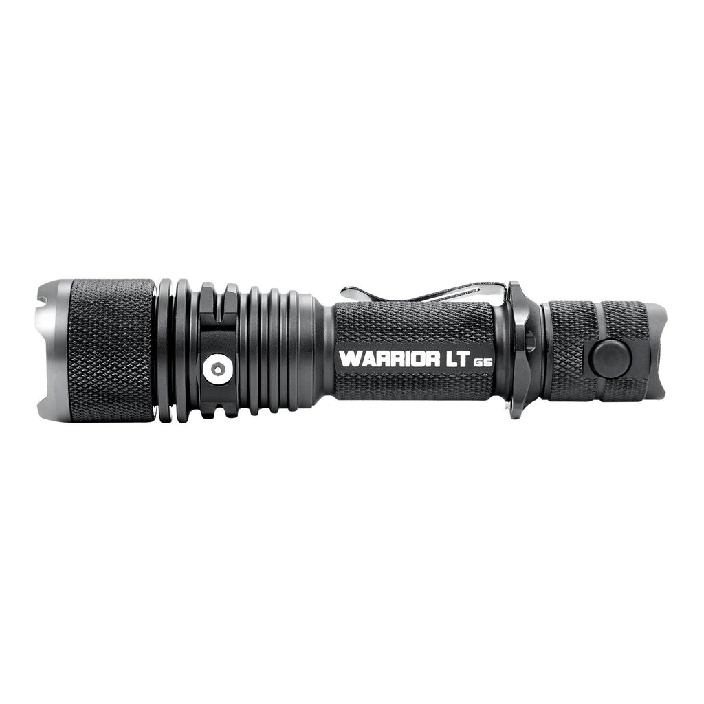 Powertac Warrior GEN5 LT tactical flashlight with 3050 lumens, 480-meter beam, long throw, black body, and sturdy design.