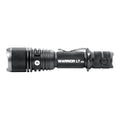 Powertac Warrior GEN5 LT tactical flashlight with 3050 lumens, 480-meter beam, long throw, black body, and sturdy design.
