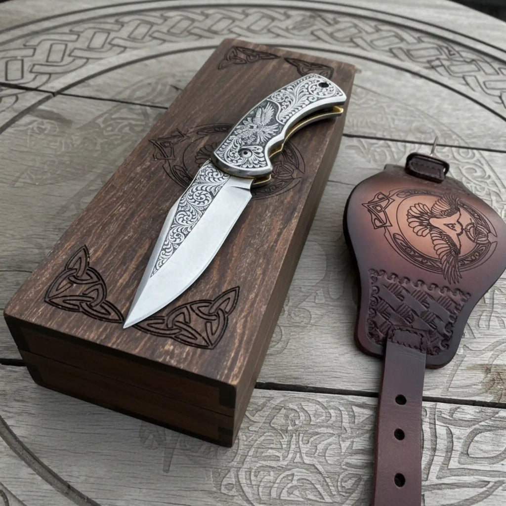 Hand Engraved Neck Folding Knife with Eagle Motif Stainless Steel Scales