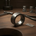Flat Damascus Wedding Band with Wide Squared Edges