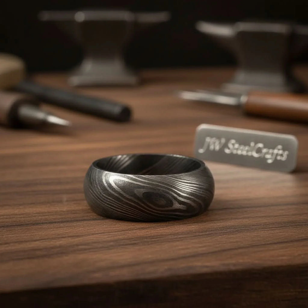 Domed Twist Damascus Wedding Band with Diagonal Spiral Pattern
