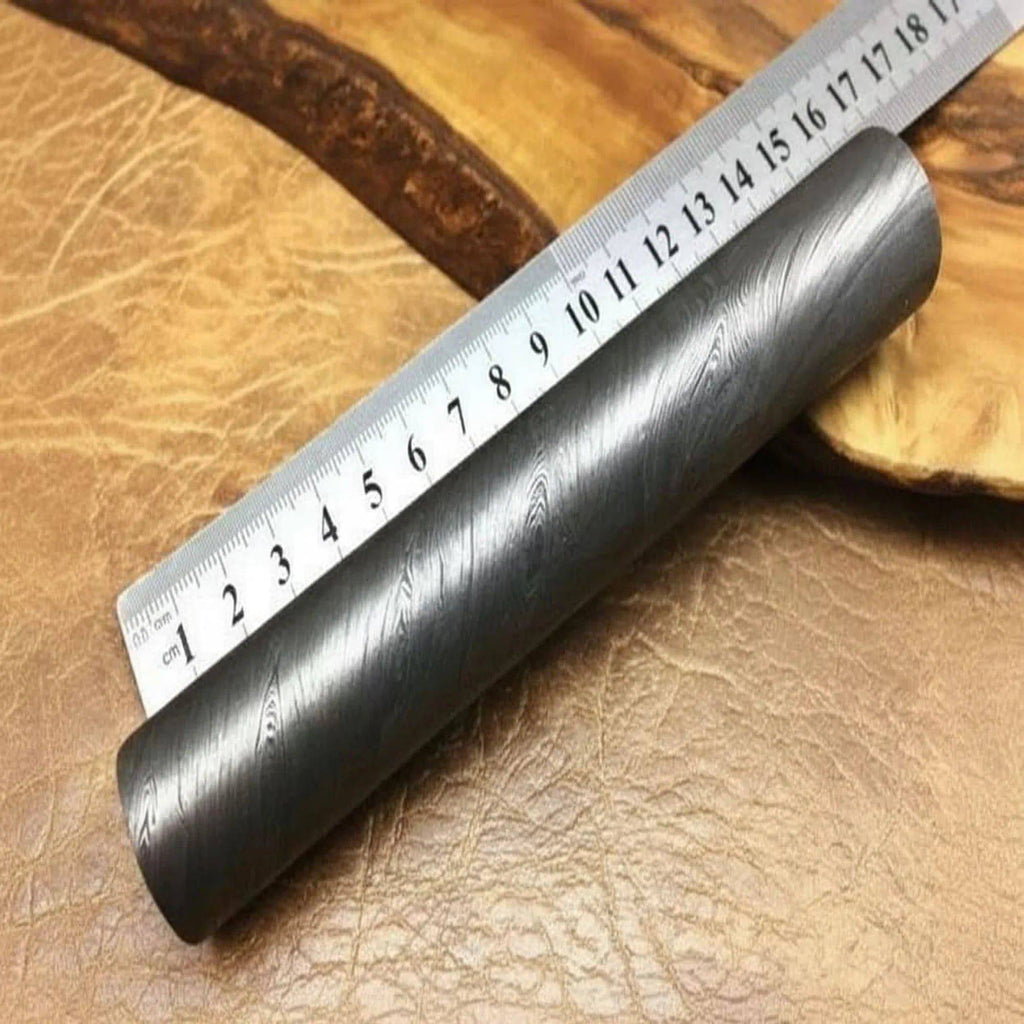 Damascus Steel Round Bar Rod, 6-inch length, 25.5mm diameter, ideal for ring making, from JW SteelCrafts.