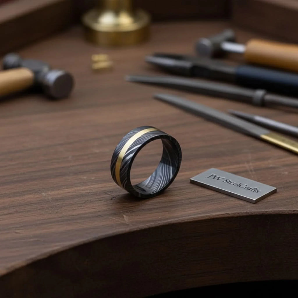 Black Damascus Offset Gold Inlay Ring with Asymmetric Gold Line