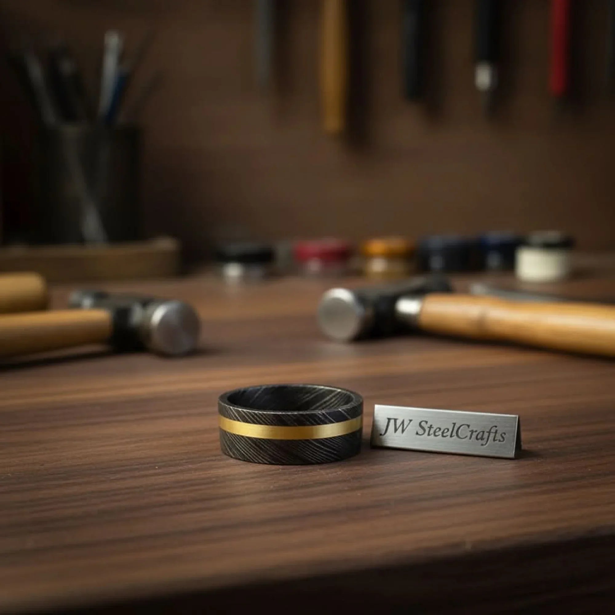 Black Damascus Offset Gold Inlay Ring with Asymmetric Gold Line
