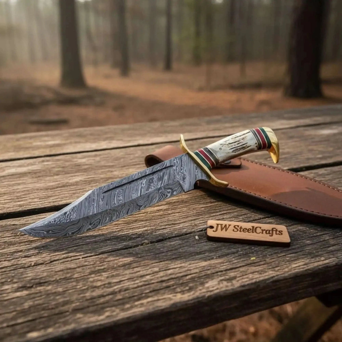 Damascus clip point Bowie knife with handmade coffin handle and stag horn details, crafted by JW SteelCrafts.