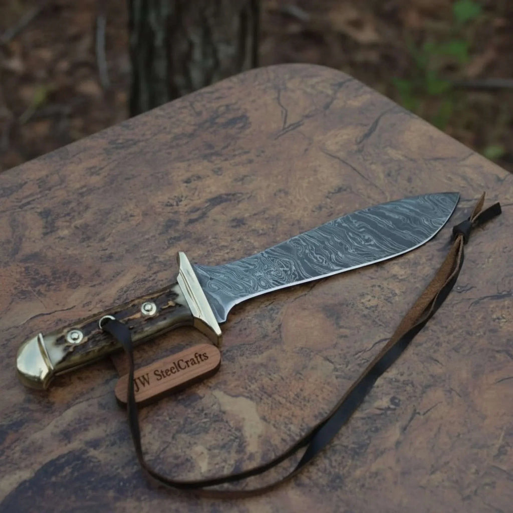 Handmade Persian-Style Upswept Bowie Knife with Stag Handle and Brass Pommel