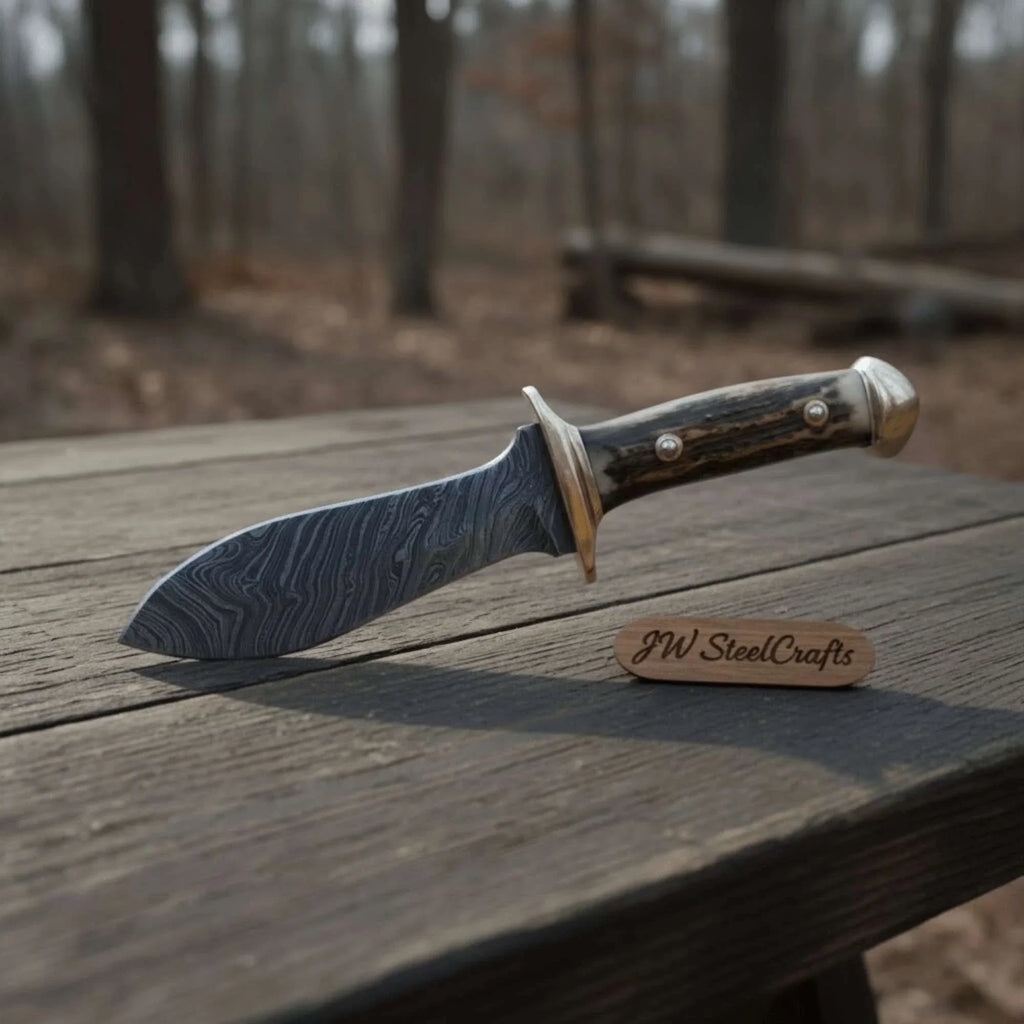 Handmade Persian-Style Upswept Bowie Knife with Stag Handle and Brass Pommel