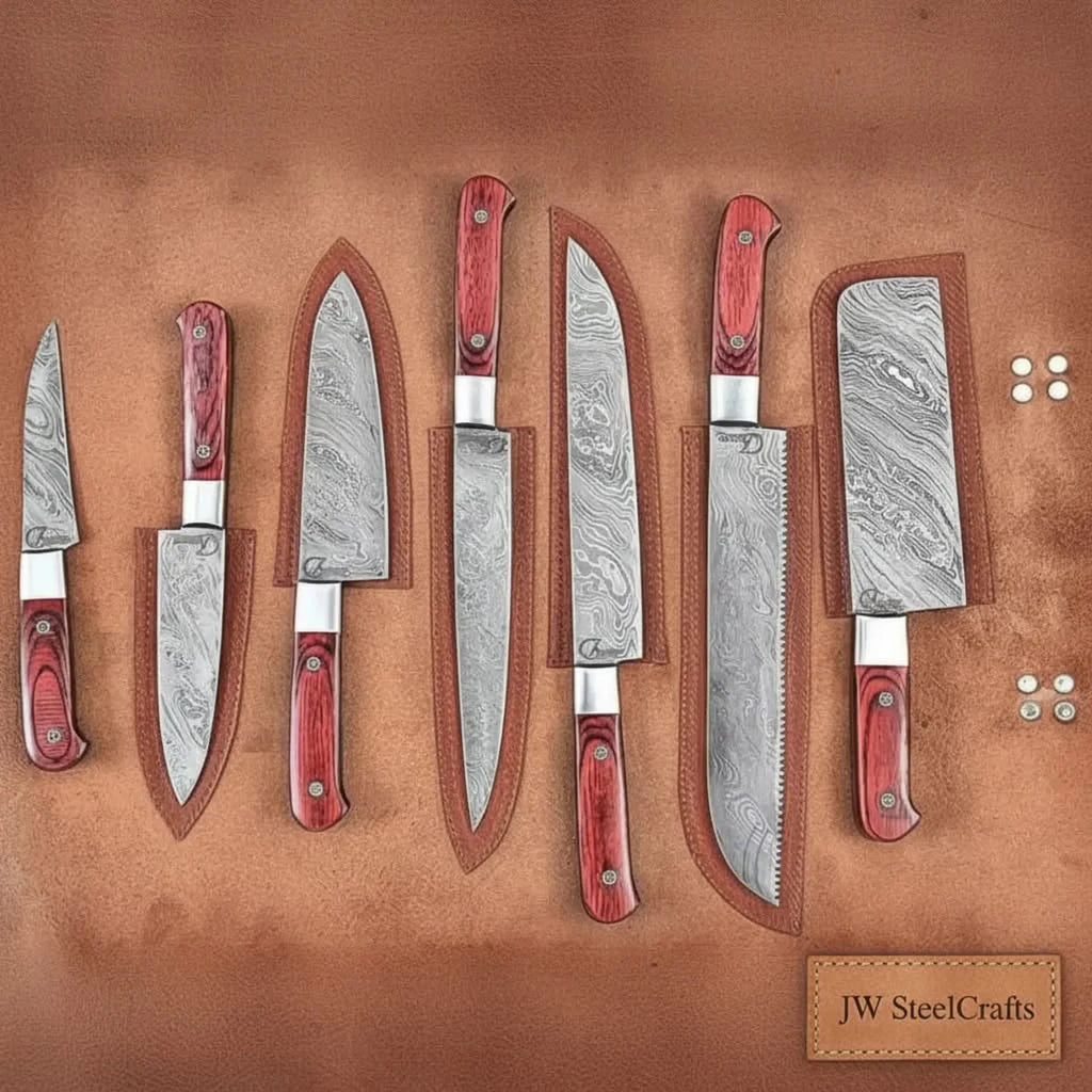 7-Piece Damascus Kitchen Knife Set Chef, Nakiri, Bread Knife and Cleaver, Red Pakka Wood Handles
