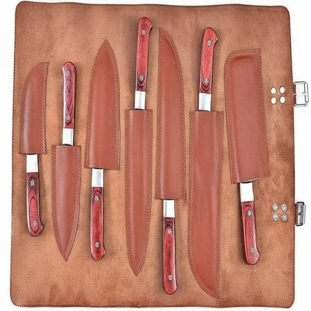 7-Piece Damascus Kitchen Knife Set Chef, Nakiri, Bread Knife and Cleaver, Red Pakka Wood Handles