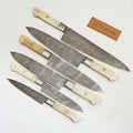6-Piece Damascus Kitchen Knife Set – Gyuto, Santoku, Nakiri, Boning, Utility & Paring | Natural Bone Handle | Leather Roll