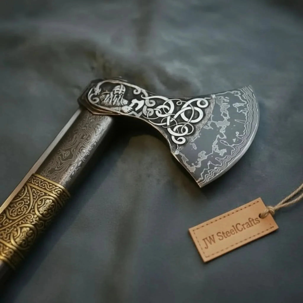 Wolf's Fang Viking Axe & Knife Set with Carved Hardwood Handle
