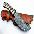 9' Handmade Damascus Skinner Knife with Stag Bone Handle and Gut Hook Blade