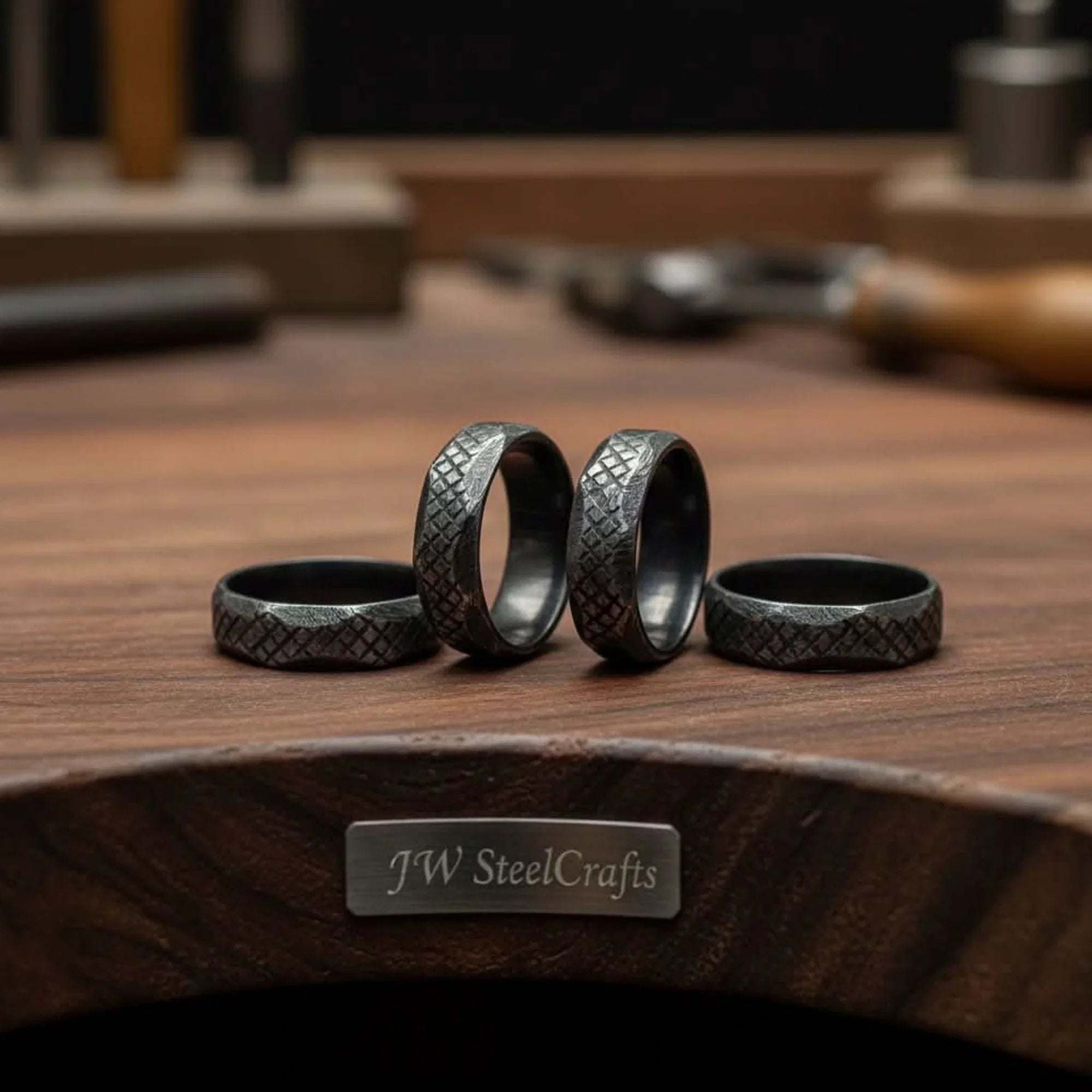 Black Damascus Steel Ring Lot with Hand Filed Texture