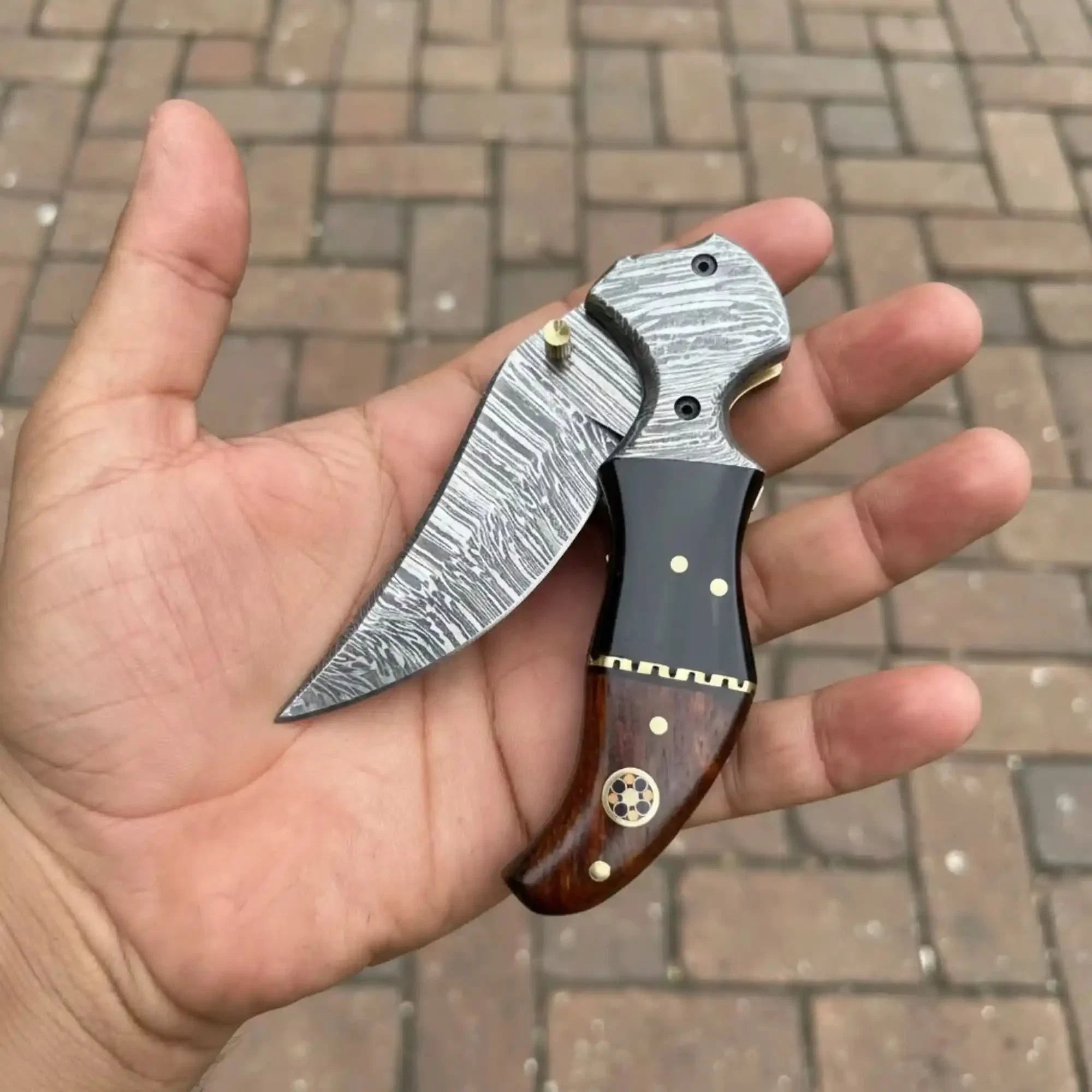 Damascus Recurve Folding Pocket Knife Liner Lock, Black Resin & Wood Handle, Brass Spacer & Pocket Clip