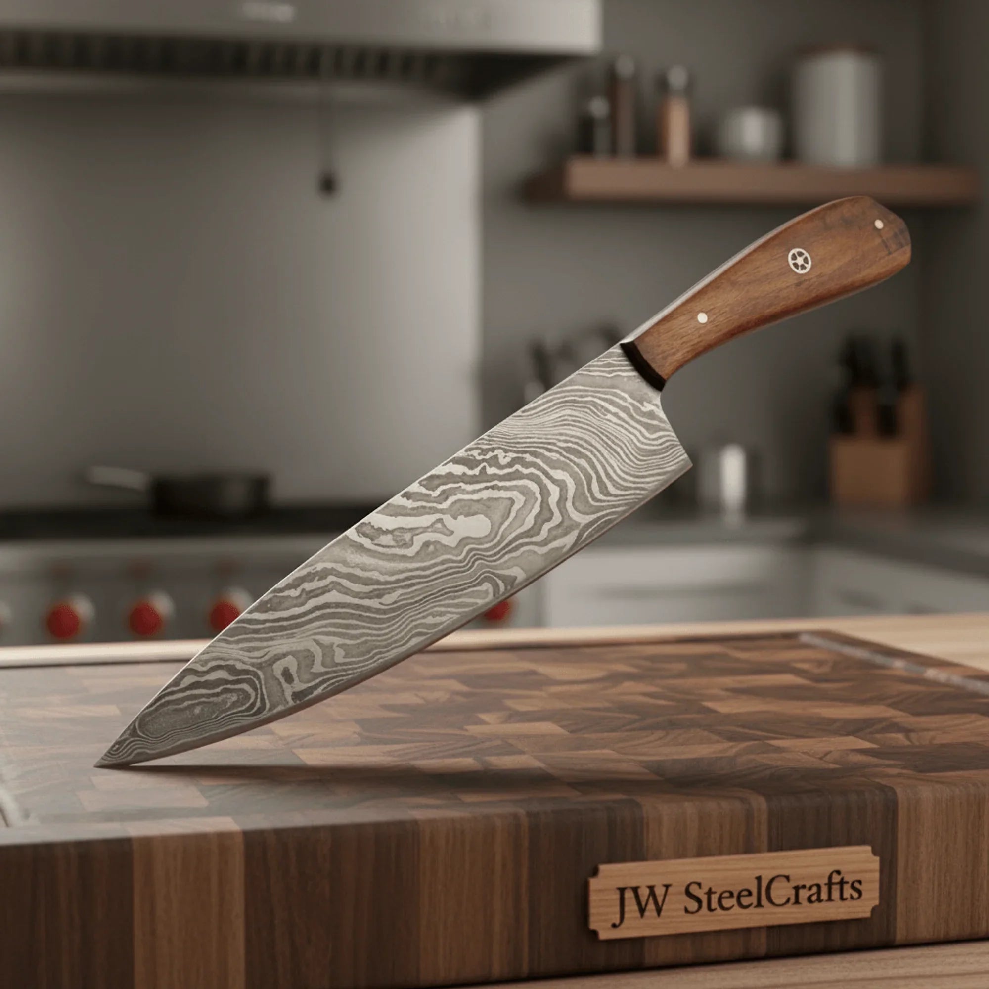 Chef Knife, Twist Pattern Damascus Steel Blade, Walnut Wood Handle with Mosaic Pin, Full Tang Professional Kitchen Knife, JW SteelCrafts
