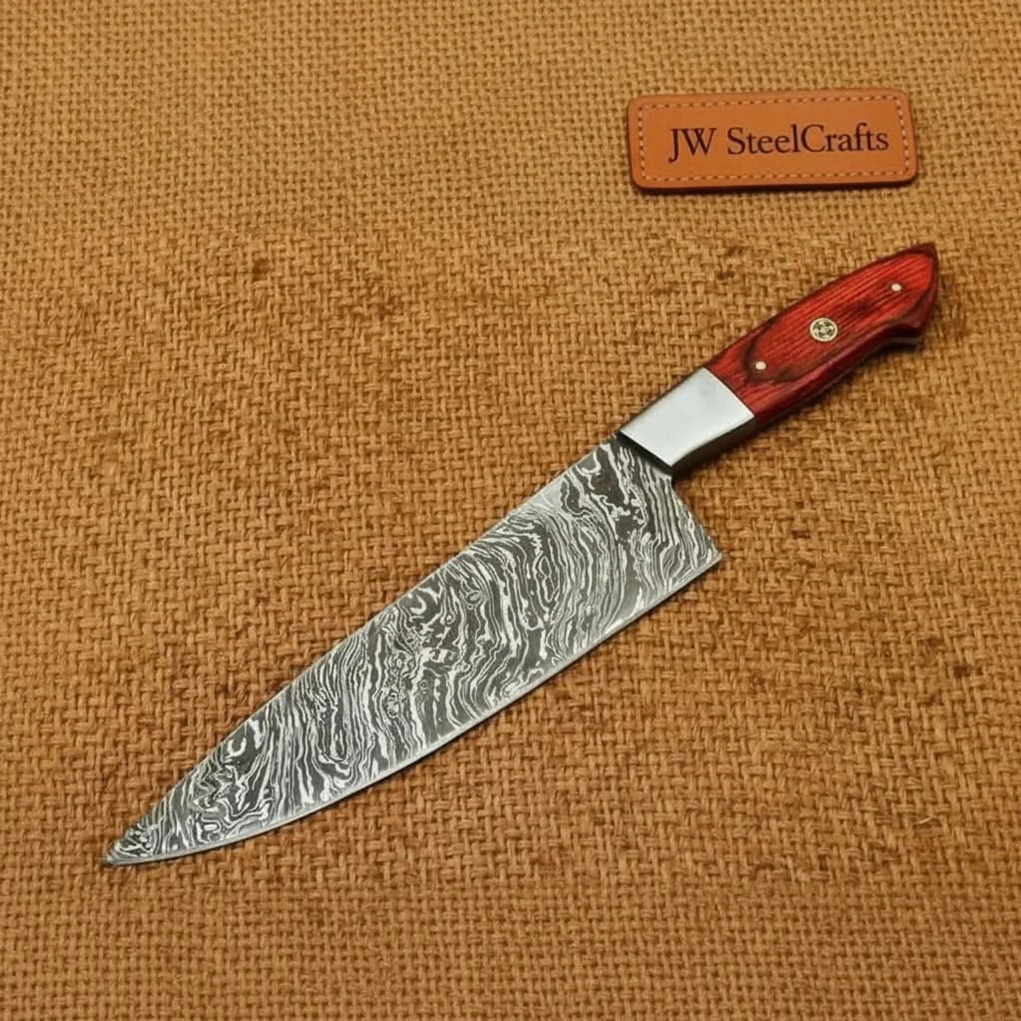 12" Professional Damascus Gyuto Chef Knife — 7" Blade, Red Pakka Wood Handle & Polished Bolster | JW SteelCrafts