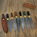 6-Piece Handmade Damascus Kitchen Knife Set – Mixed Resin Handles & Brass Bolsters | 13-Inch Blades | Leather Sheaths & Engraving Available