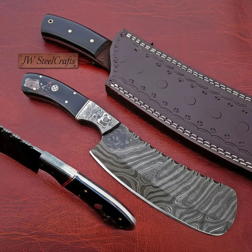 10-Inch Forged Damascus Nakiri Chopper — Ladder Pattern Blade, Engraved Damascus Bolster, Black Resin Handle & Tooled Leather Sheath