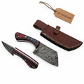 6-Inch Forged Damascus Cleaver Knife Red and Blue Pakka Wood Handle, Mosaic Pin, Lanyard Hole & Tooled Leather Sheath | JW Steel Crafts