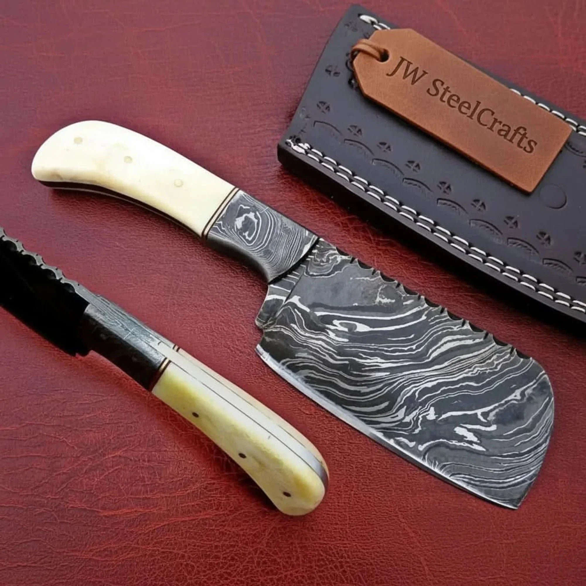 7-Inch Compact Damascus Mini Cleaver Fire Pattern Blade, Camel Bone Handle, Steel Bolster & Leather Sheath | JW Steel Crafts