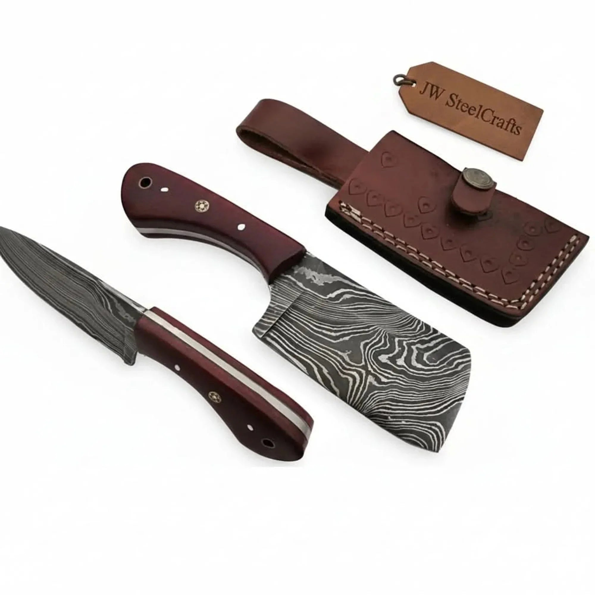 6-Inch Compact Damascus Mini Cleaver Twisted Pattern Blade, Red Micarta Handle, Mosaic Pin & Tooled Leather Sheath | JW Steel Crafts