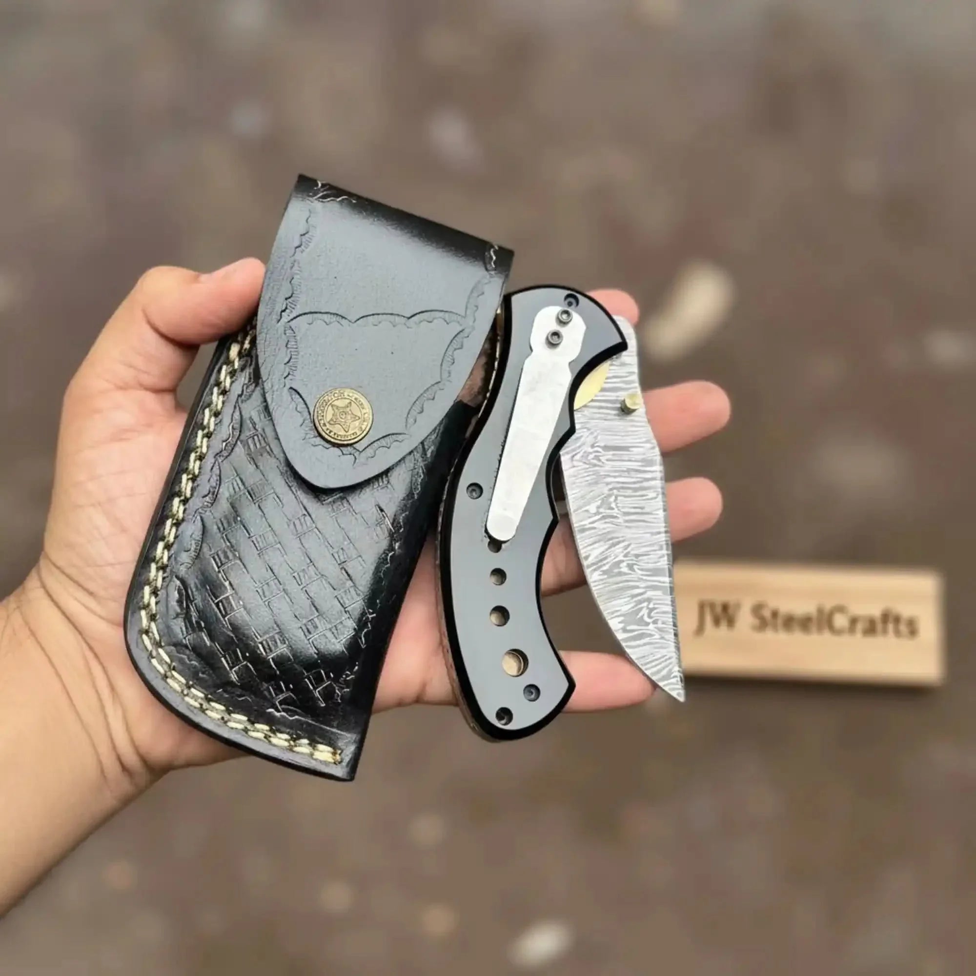 G10 Damascus Drop Point pocket Knife with Black Resin Handle