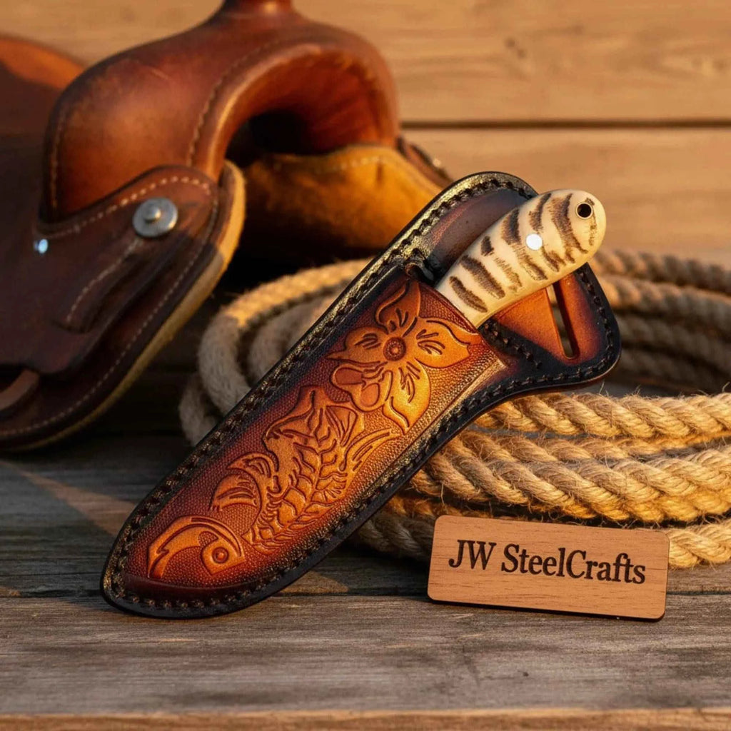 Handcrafted JW SteelCrafts Ironstag cowboy knife with an 8-inch carbon steel blade and stag horn handle, displayed on a wooden surface.