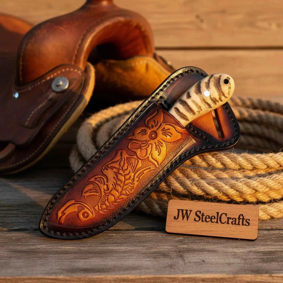 Handcrafted JW SteelCrafts Ironstag cowboy knife with an 8-inch carbon steel blade and stag horn handle, displayed on a wooden surface.