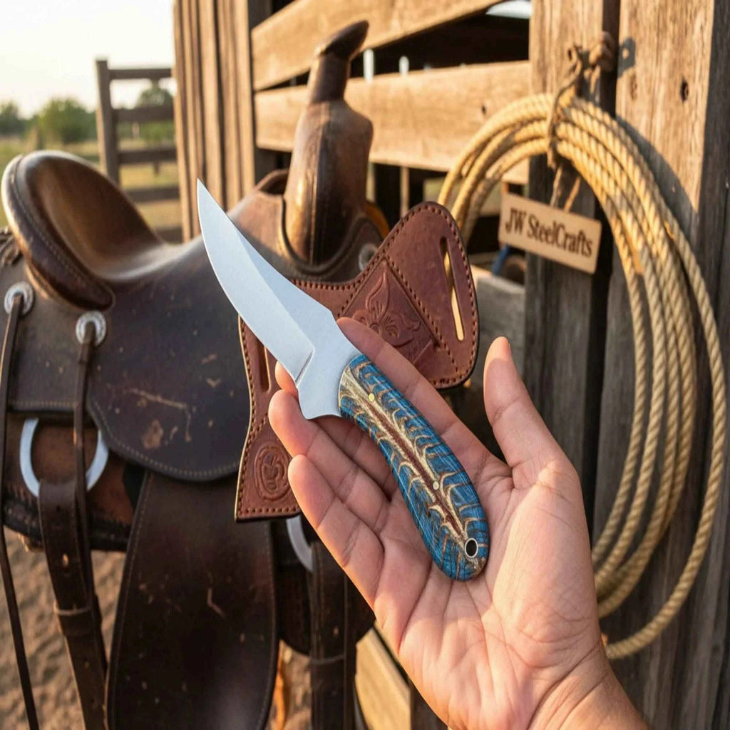 Handmade JW SteelCrafts Antler Ridge Skinner Knife with 8-inch Damascus blade and stag horn handle on a white background.
